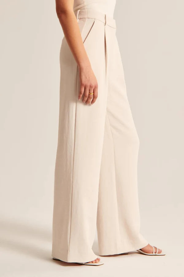 Beige Wide Leg Tailored Pants