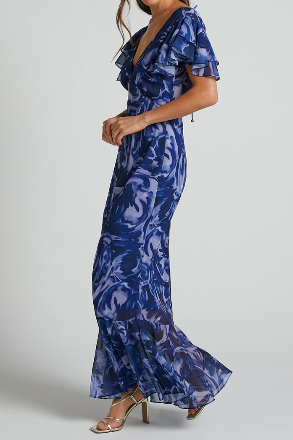 Abito Maxi Navy Swirl con Scollo a V e Maniche a Volant