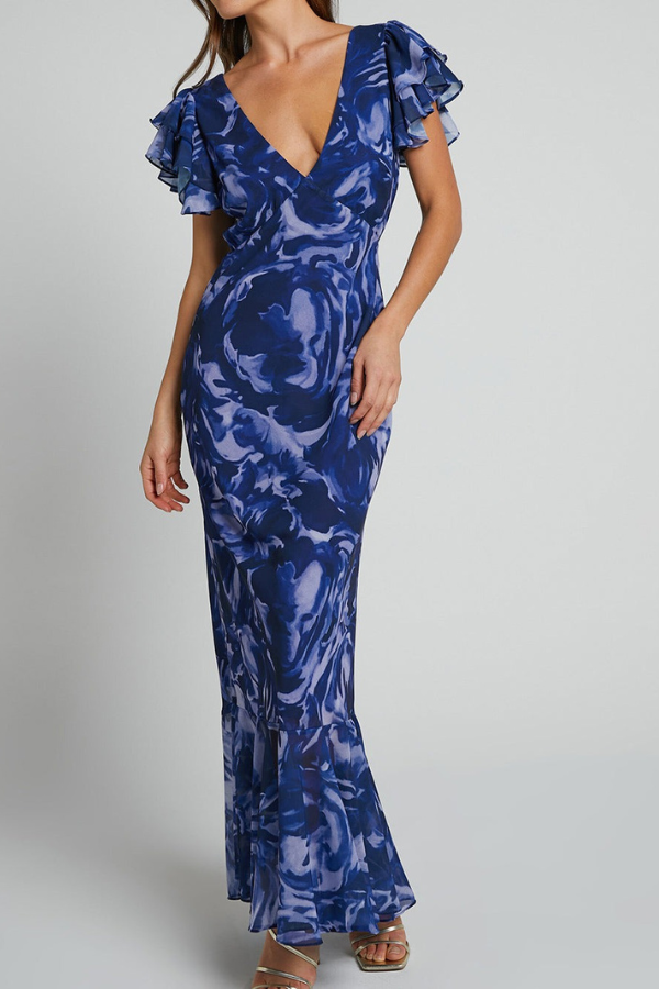 Abito Maxi Navy Swirl con Scollo a V e Maniche a Volant